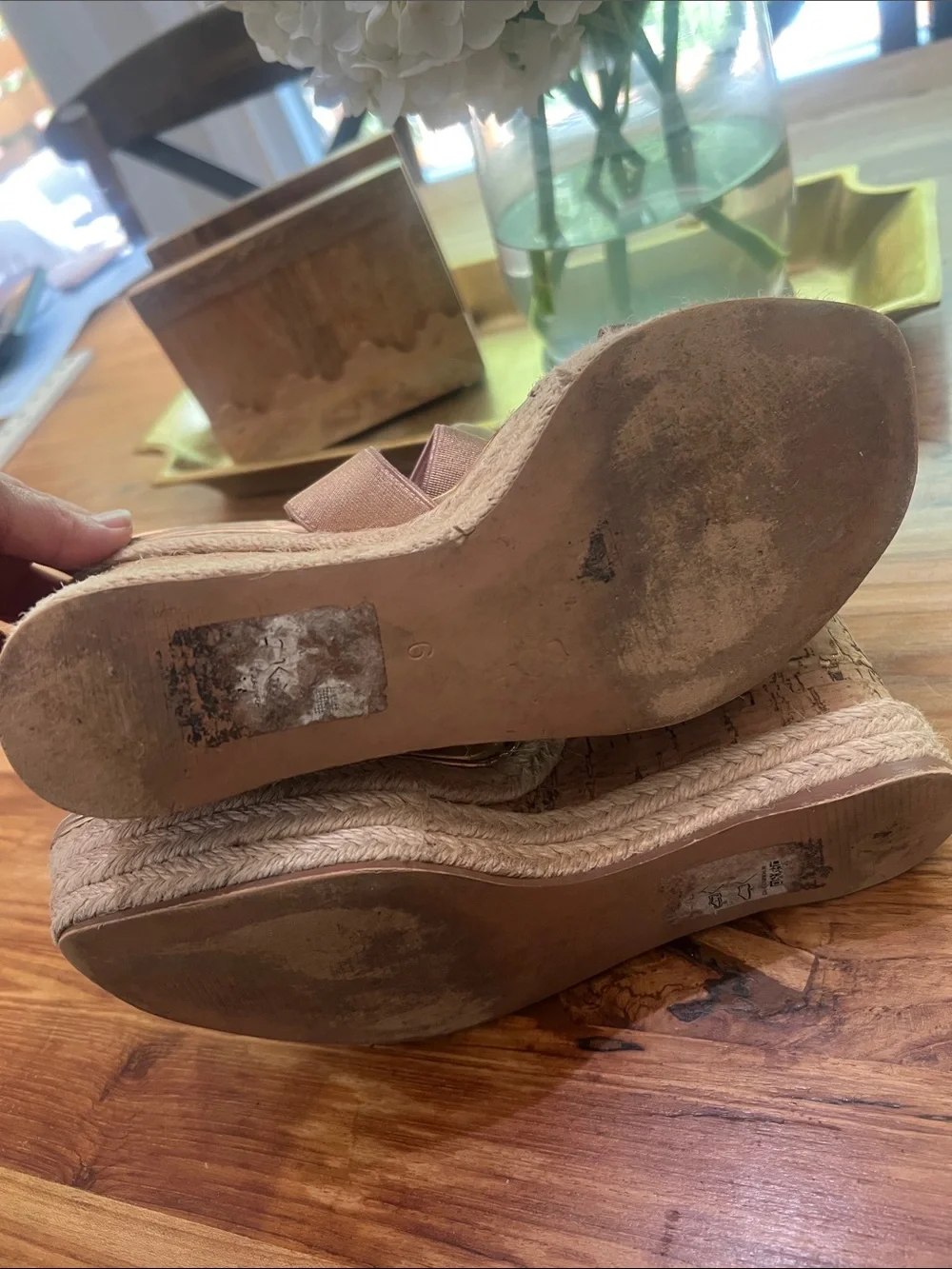 ASOS Women’s Pink Rose Gold Metallic Wedge Sandals with Strappy Elastic Upper